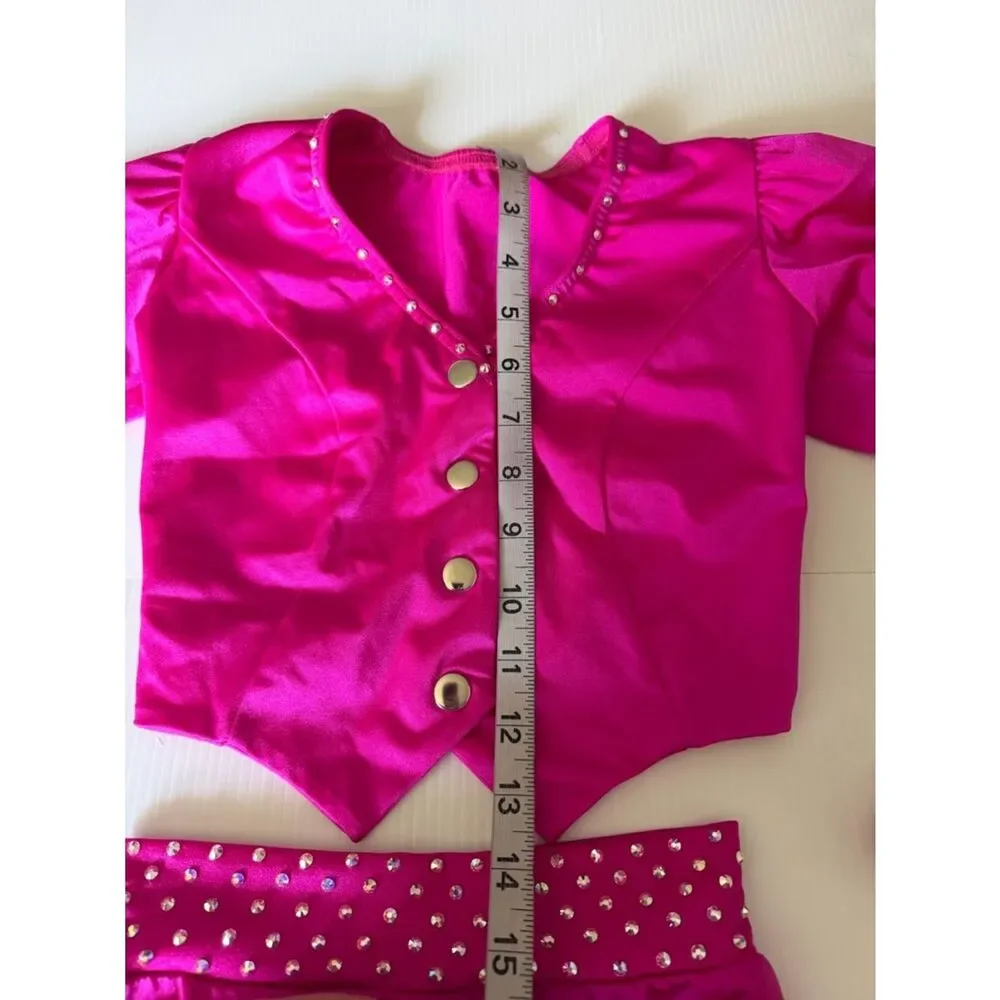 Kelle dance costume 2 piece hot pink vest briefs rhinestoned MC-Medium child